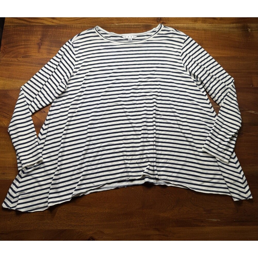 CAbi Women's Boat Stripe Asymmetrical Sharkbite Hem Top Size L Navy White 561